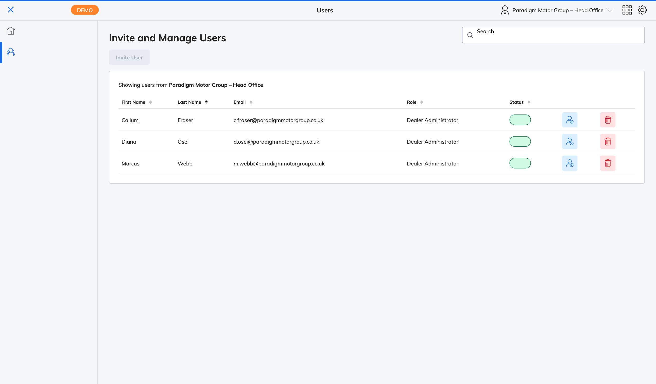 The Invite and Manage Users page showing the user list and Invite User button