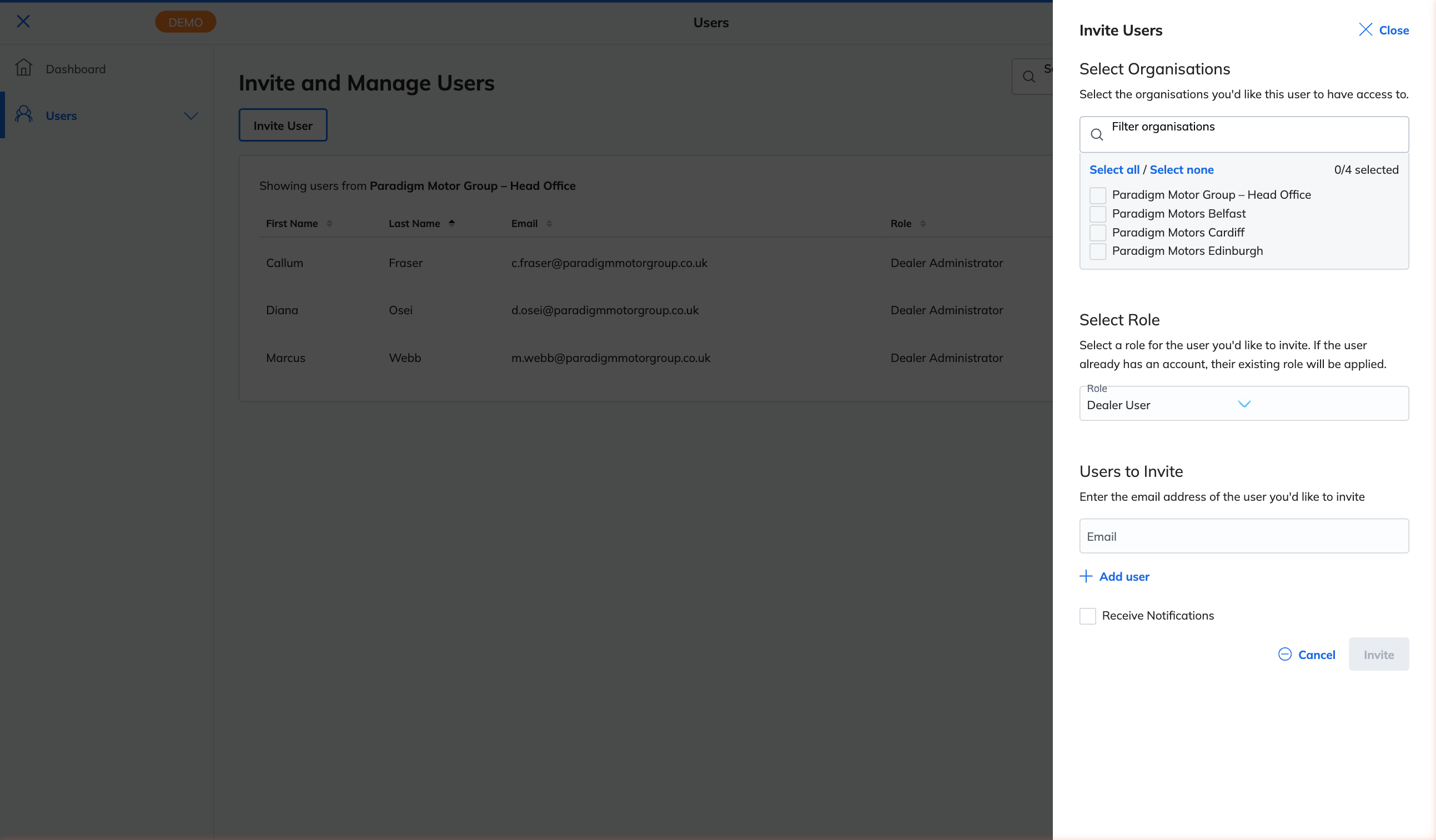 The Invite Users panel showing organisation selection, role dropdown, email field, and Invite button