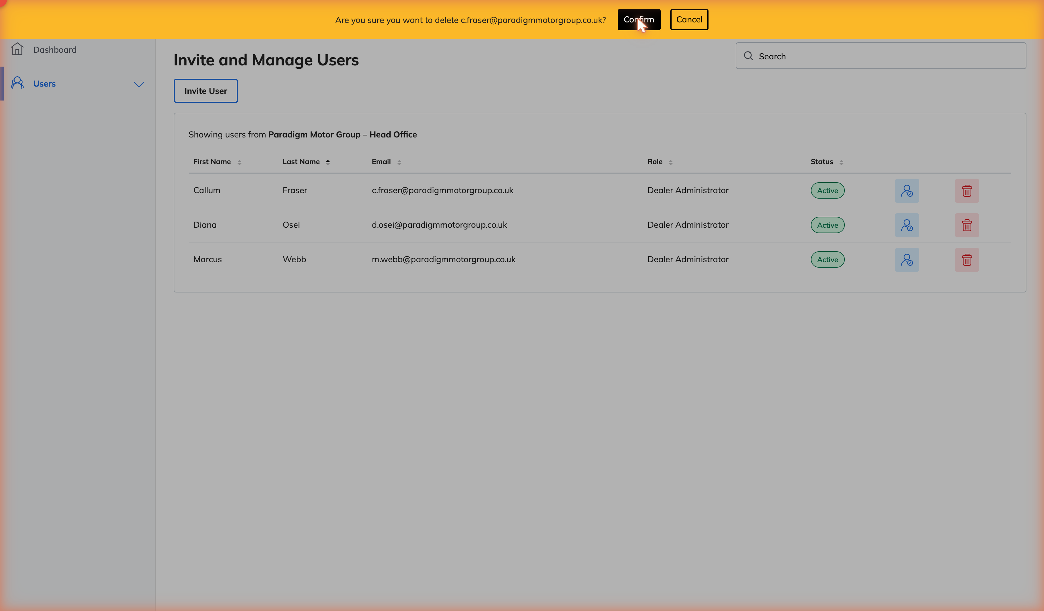 Yellow confirmation banner asking whether to delete the user, with Confirm and Cancel buttons