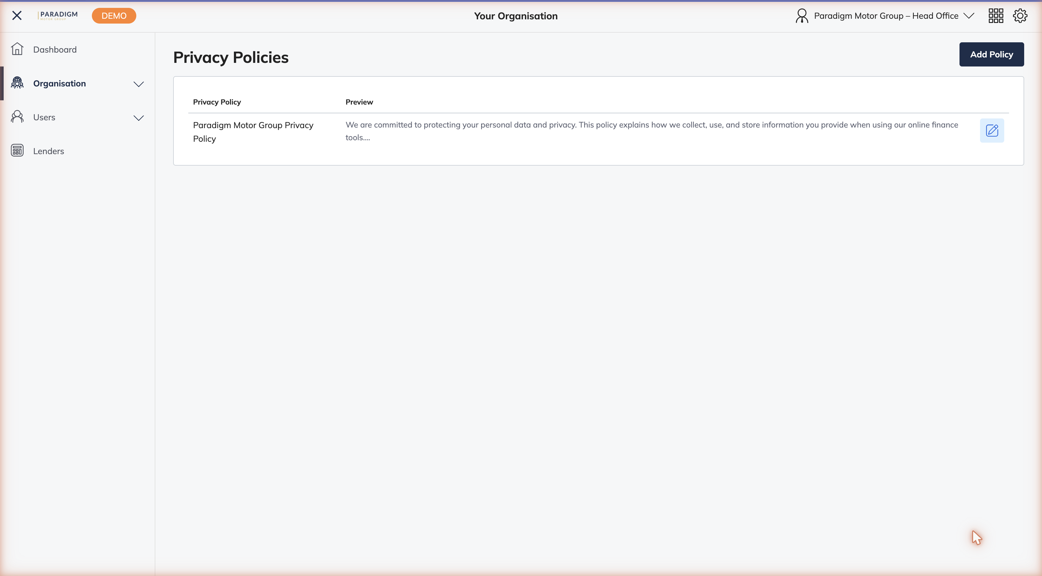 Privacy policies list showing a configured policy with edit icon