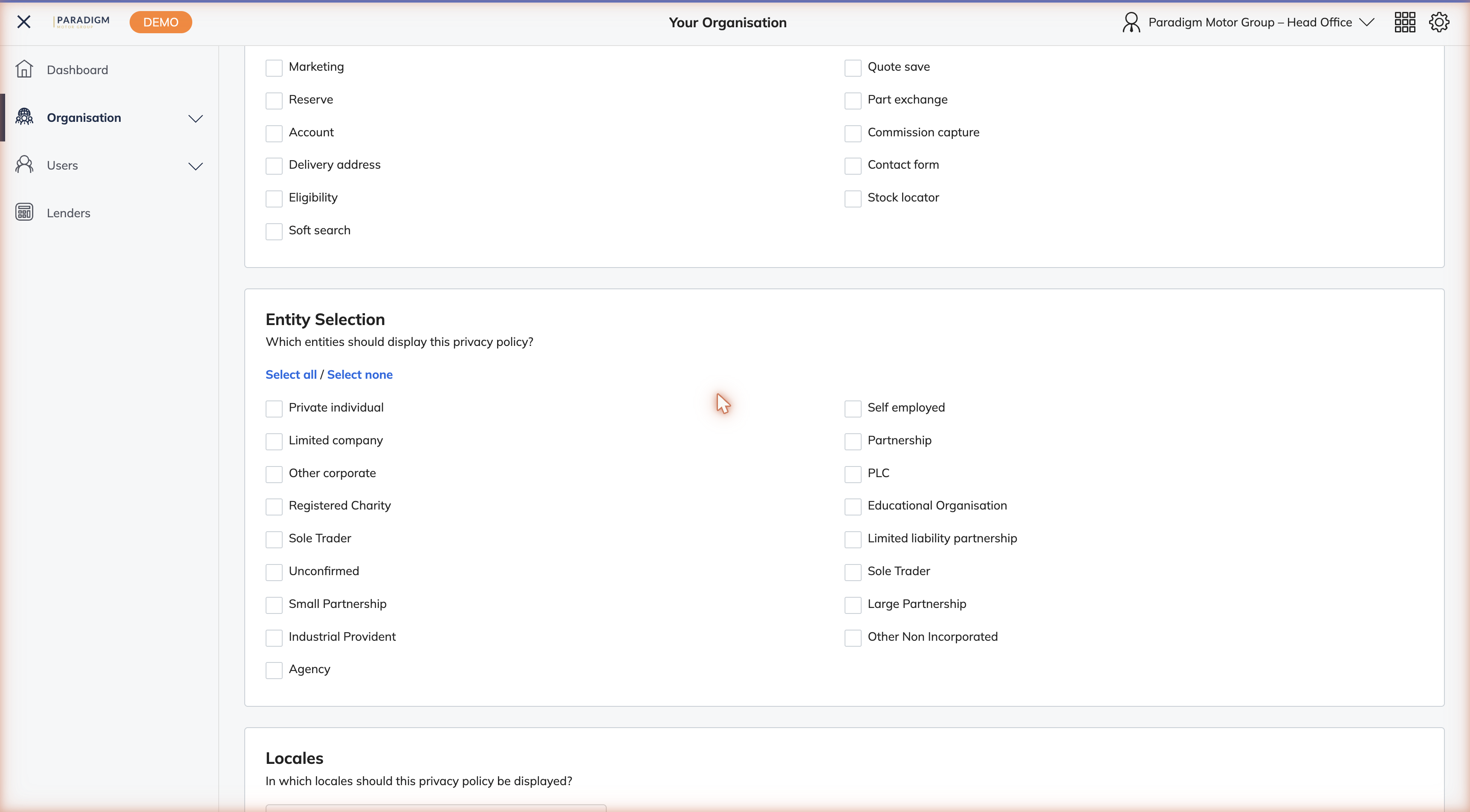 Lower section of the create form showing Content Set, Display locations, Entity Selection, and Locales