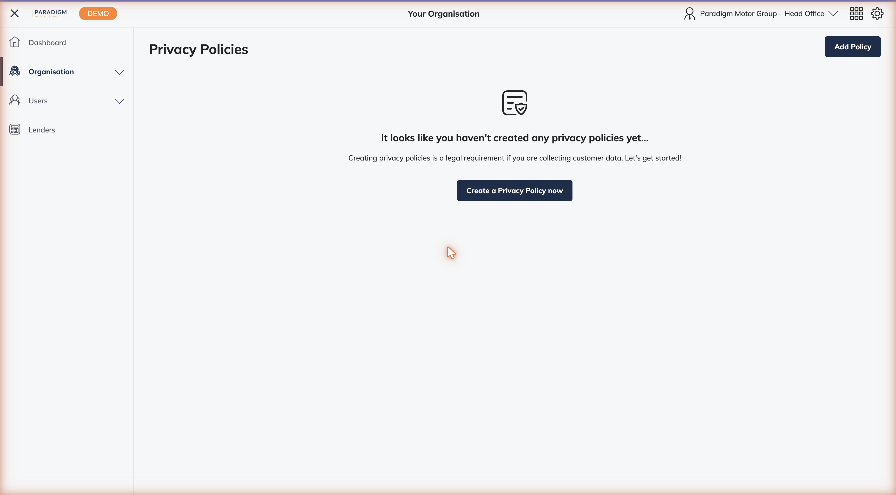 Privacy policies tab in an empty state with a Create a policy button