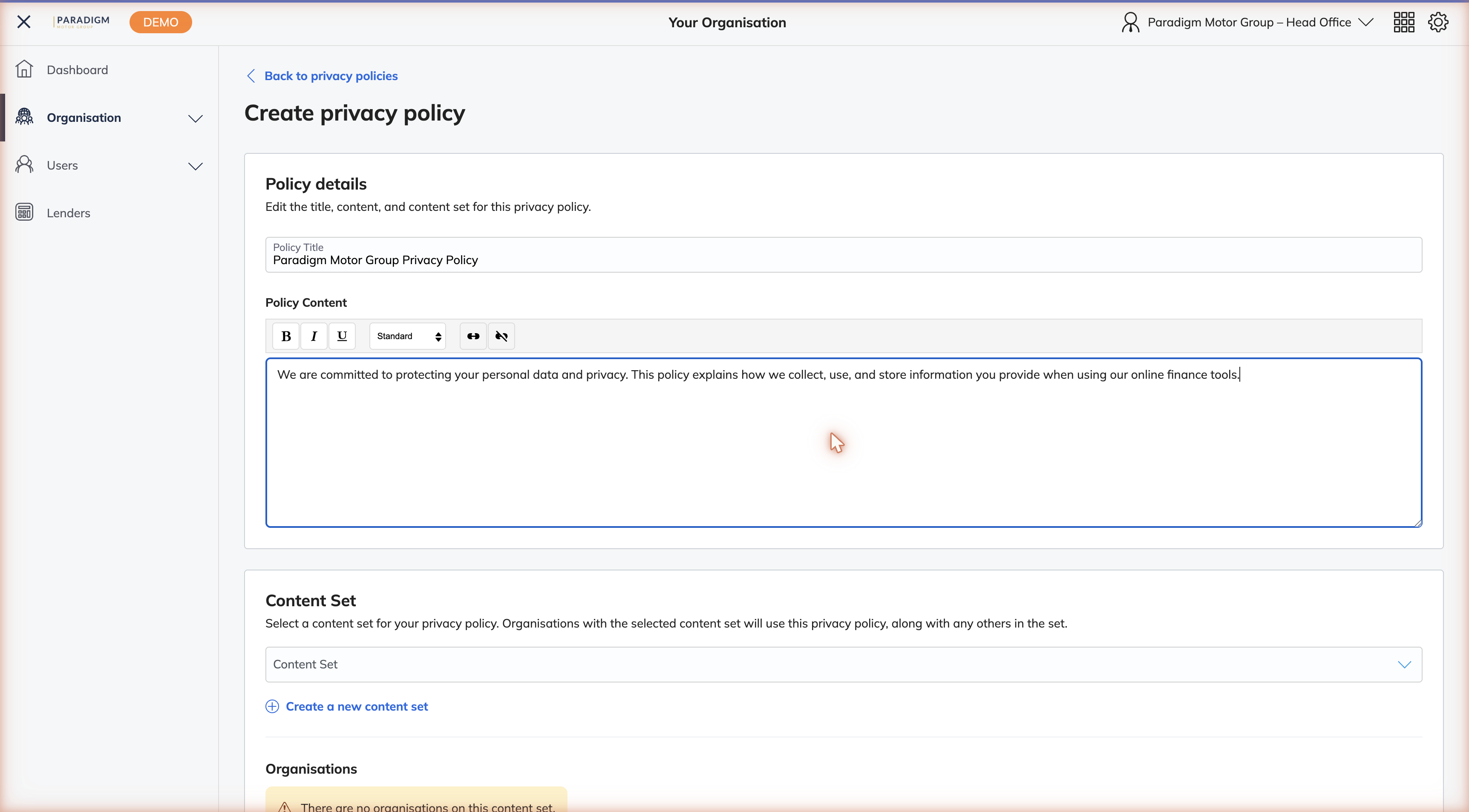 Create privacy policy form with Policy Title field and content editor