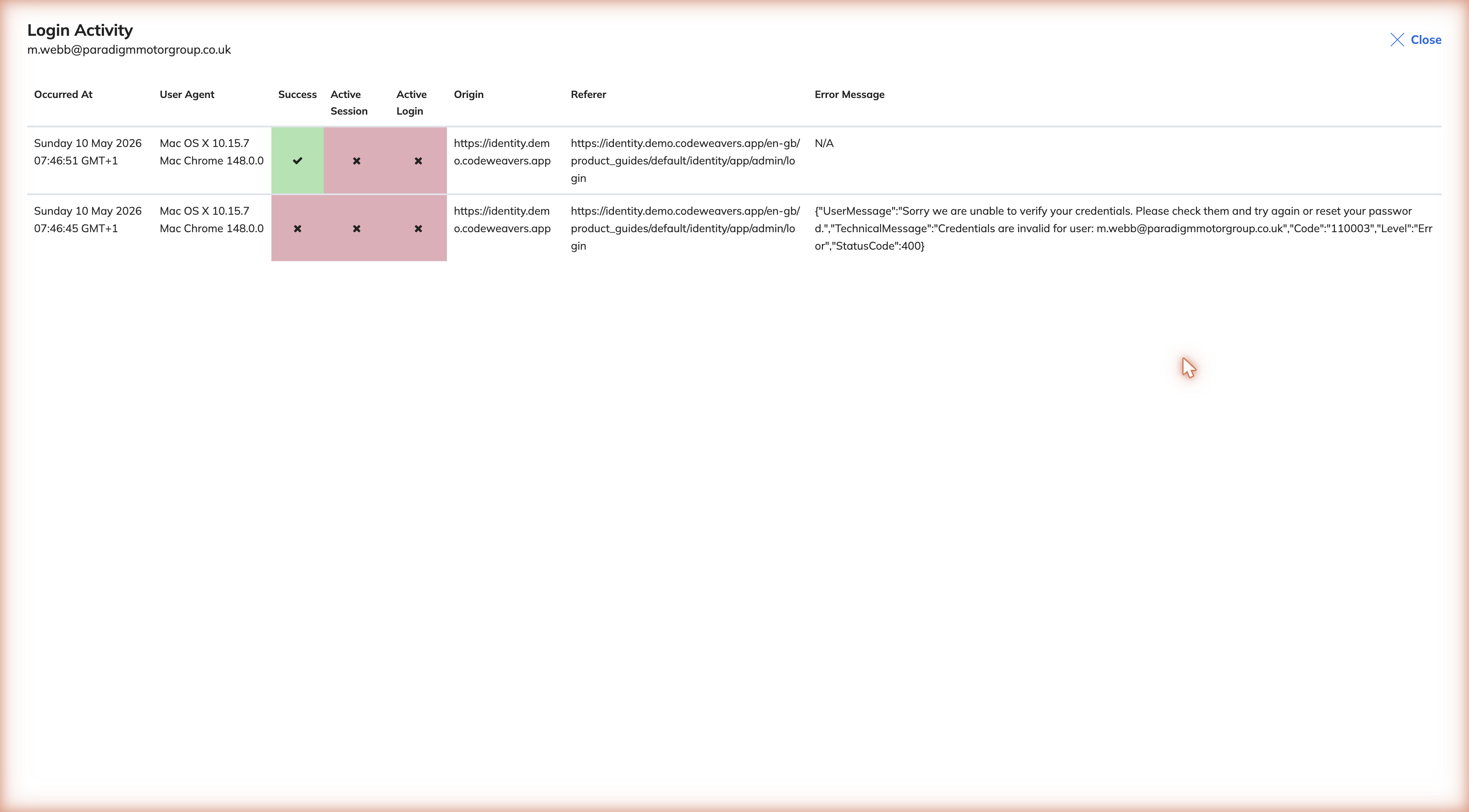 Users list with the login activity icon highlighted on a user row