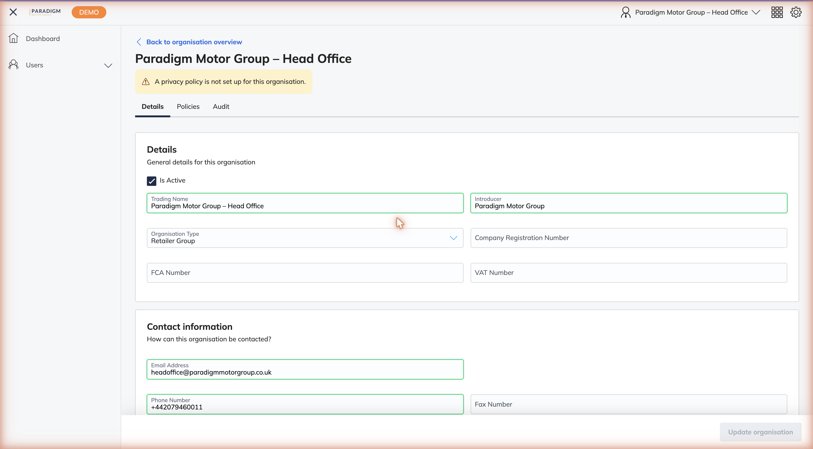 Details tab showing the general details, contact information, and address sections