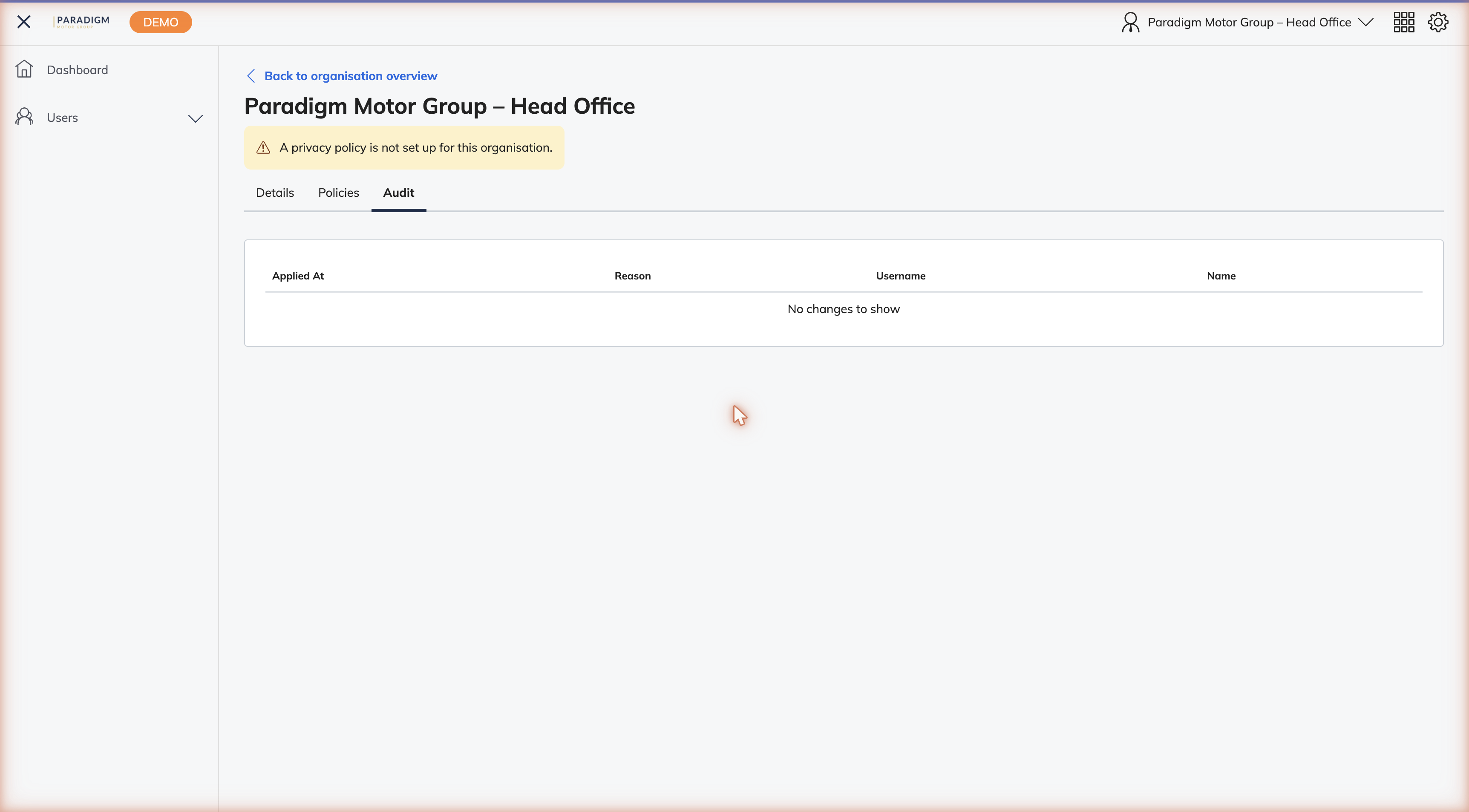Audit tab showing log entries with date, reason, username, and name columns
