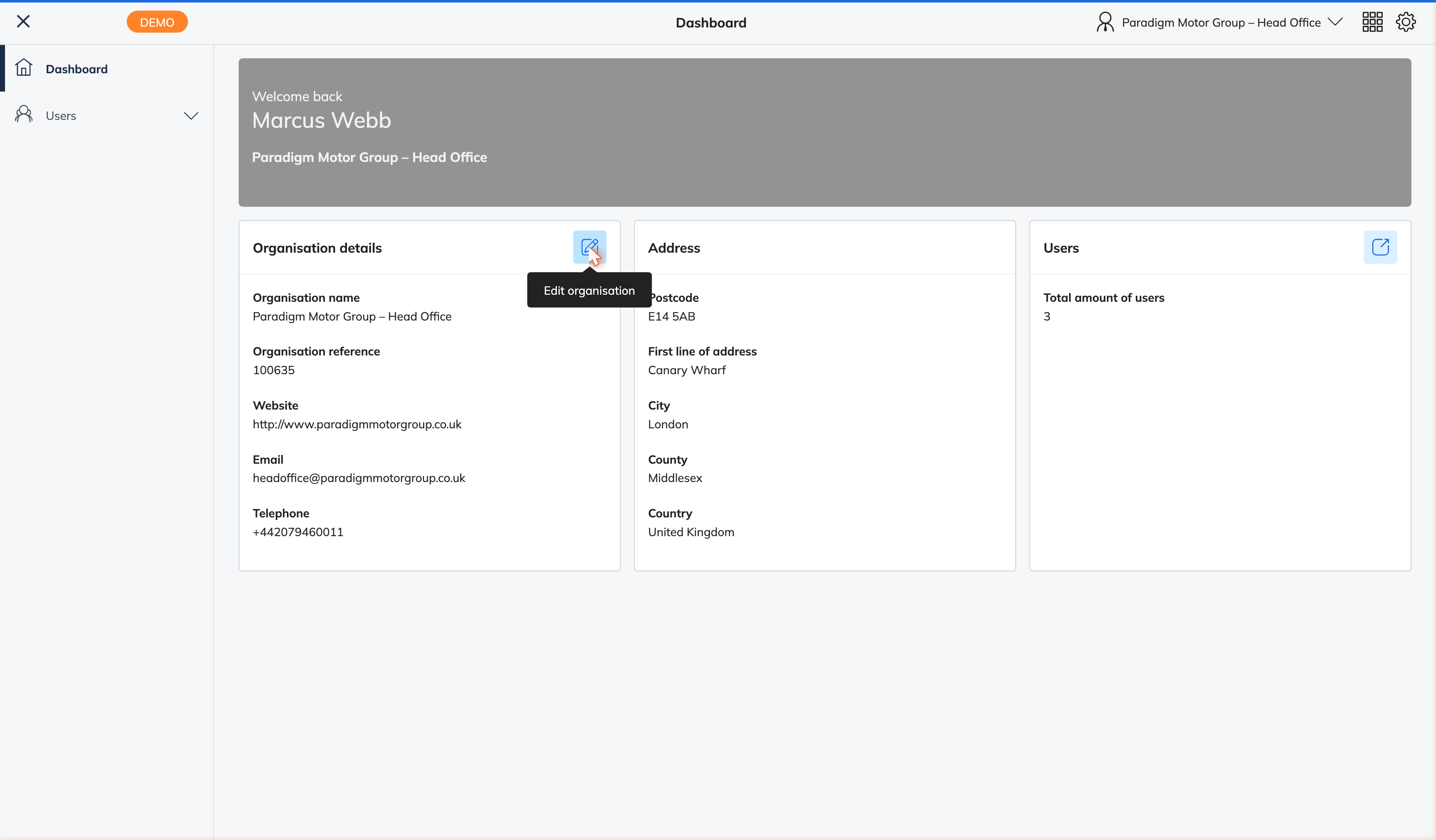Dashboard with the Organisation details card and its edit icon highlighted
