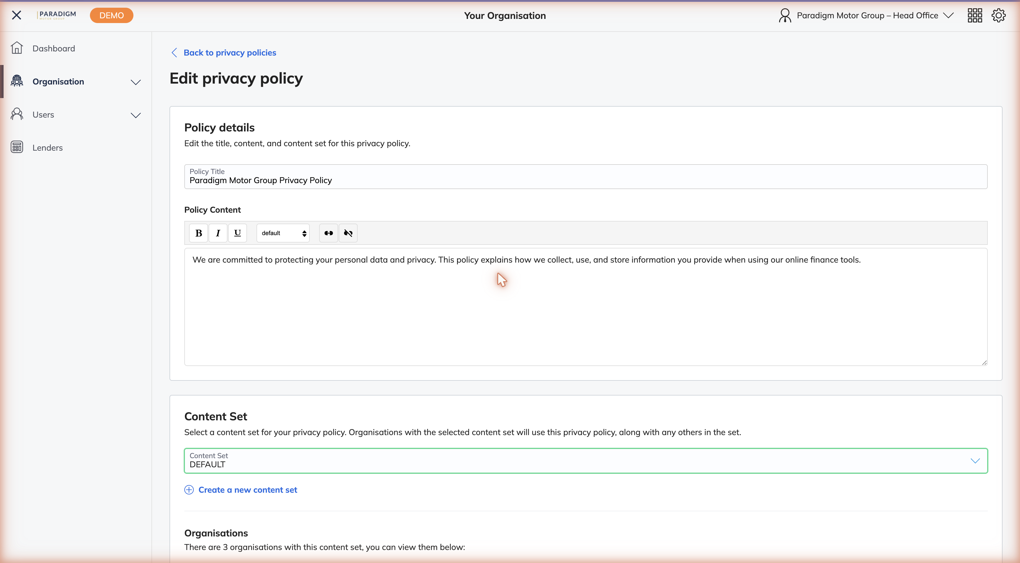 Edit privacy policy form with the title and content fields populated