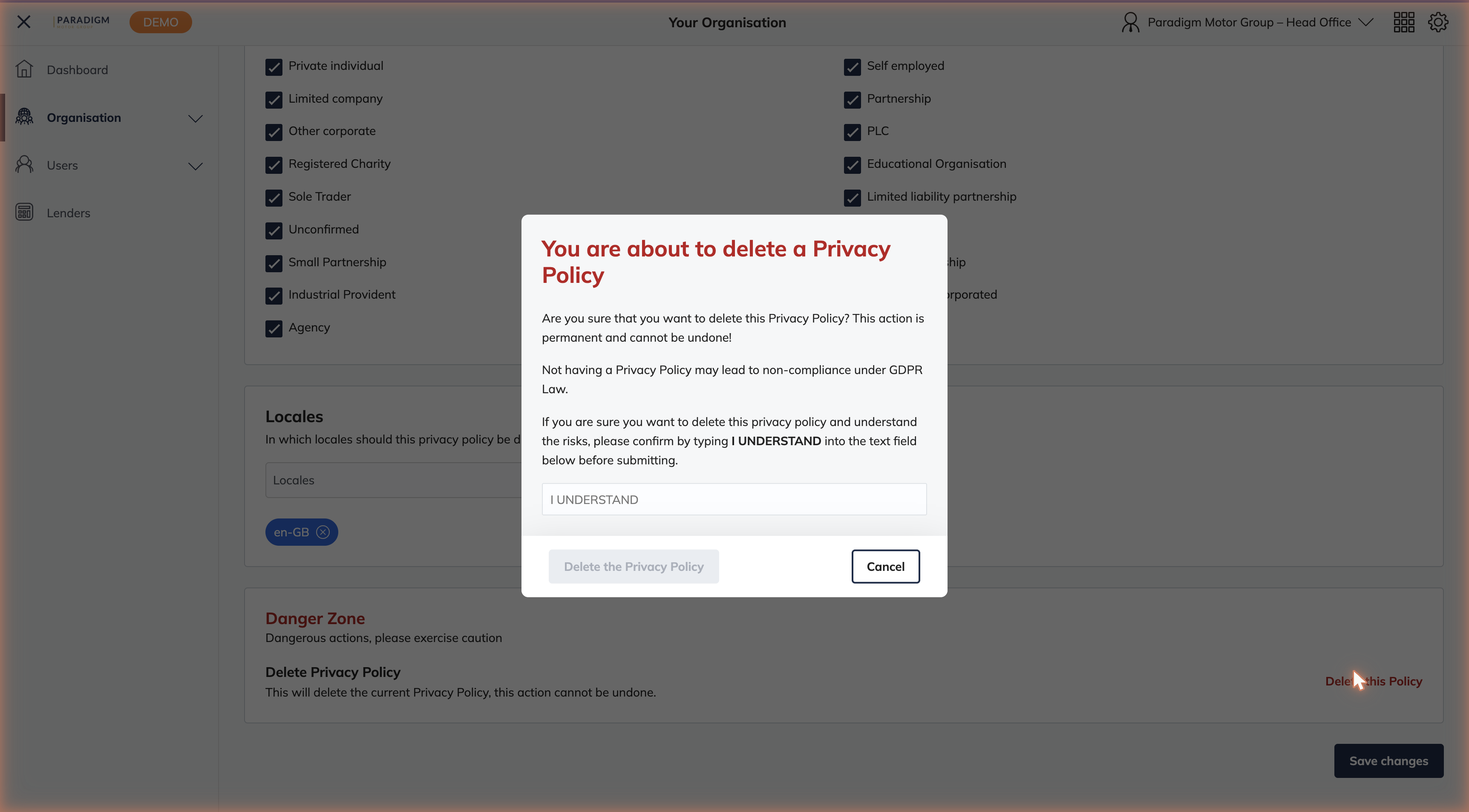 Delete confirmation modal requiring the user to type I UNDERSTAND