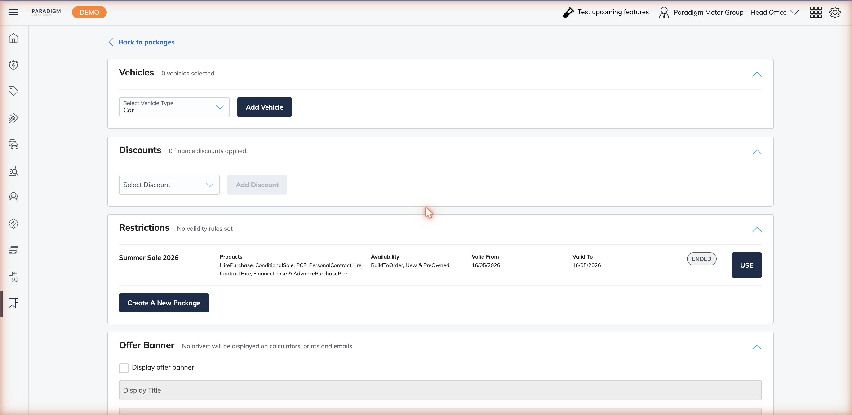 Create promotion form showing the Vehicles, Discounts, Restrictions, and Offer Banner sections