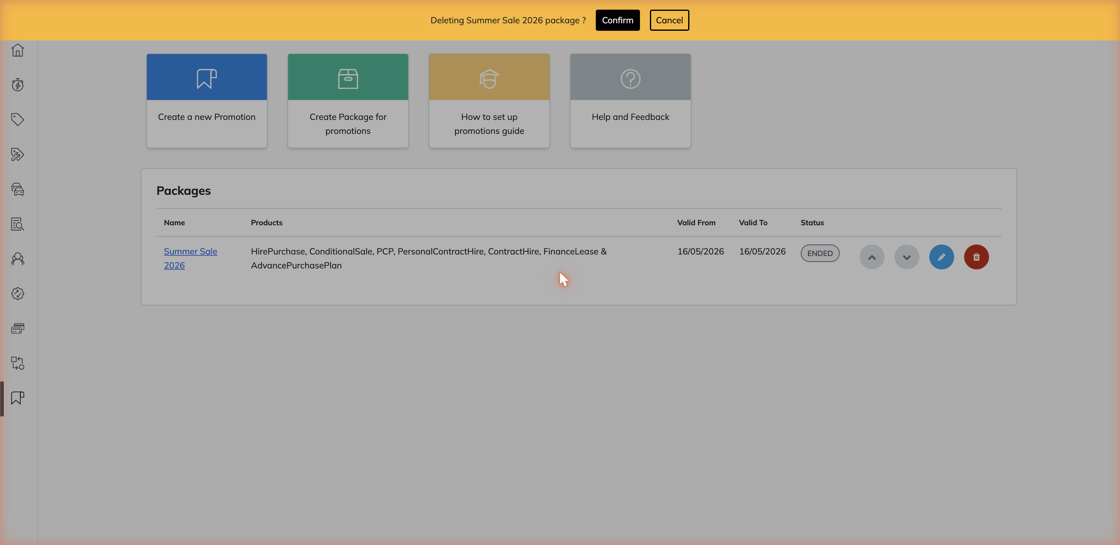 Delete package confirmation banner at the top of the Promotions page with Confirm and Cancel buttons