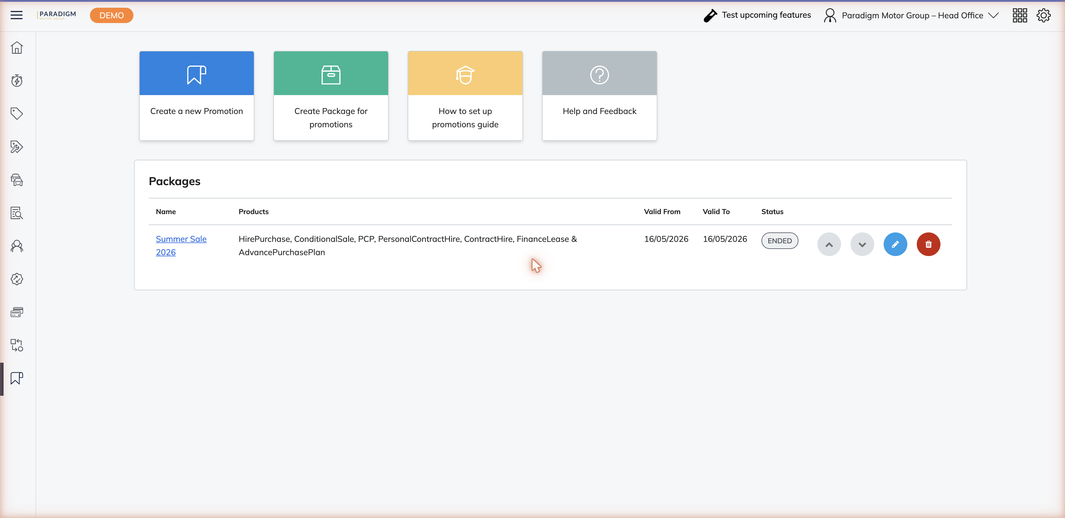 Promotions overview showing four action tiles and the Packages table listing existing packages