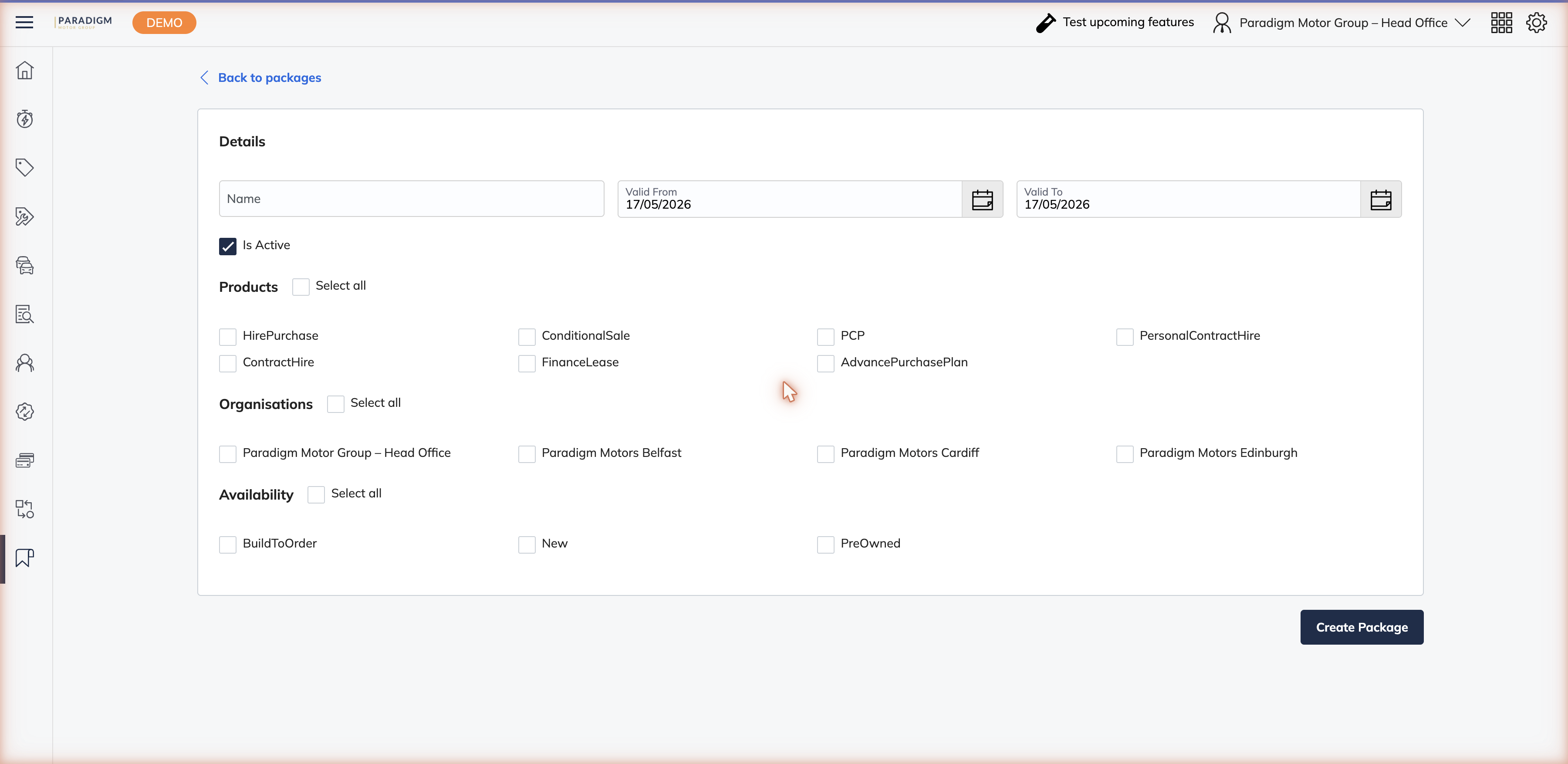 Create Promotion Package form showing the Name, Valid From and Valid To fields, Products, Organisations, and Availability checkboxes