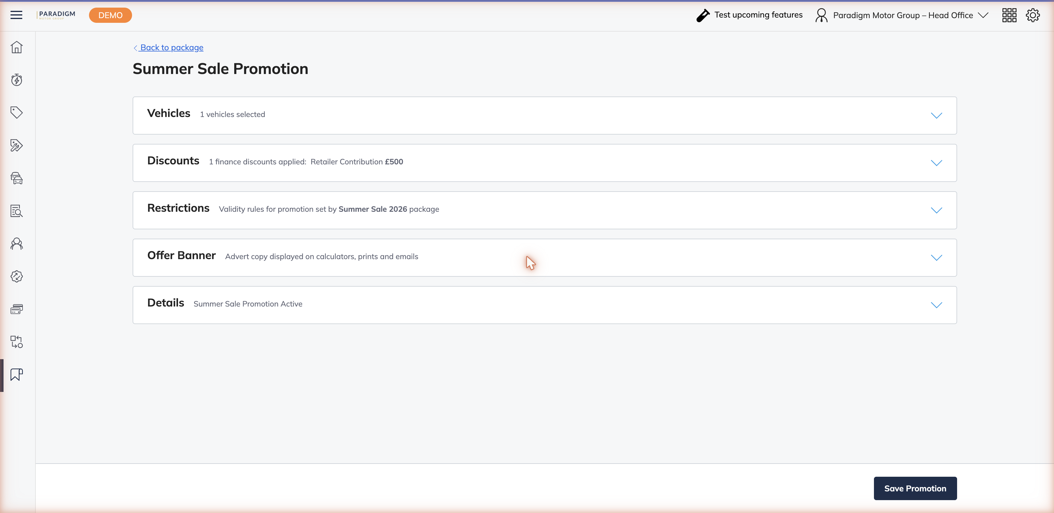 Edit promotion form showing collapsible sections for Vehicles, Discounts, Restrictions, Offer Banner, and Details