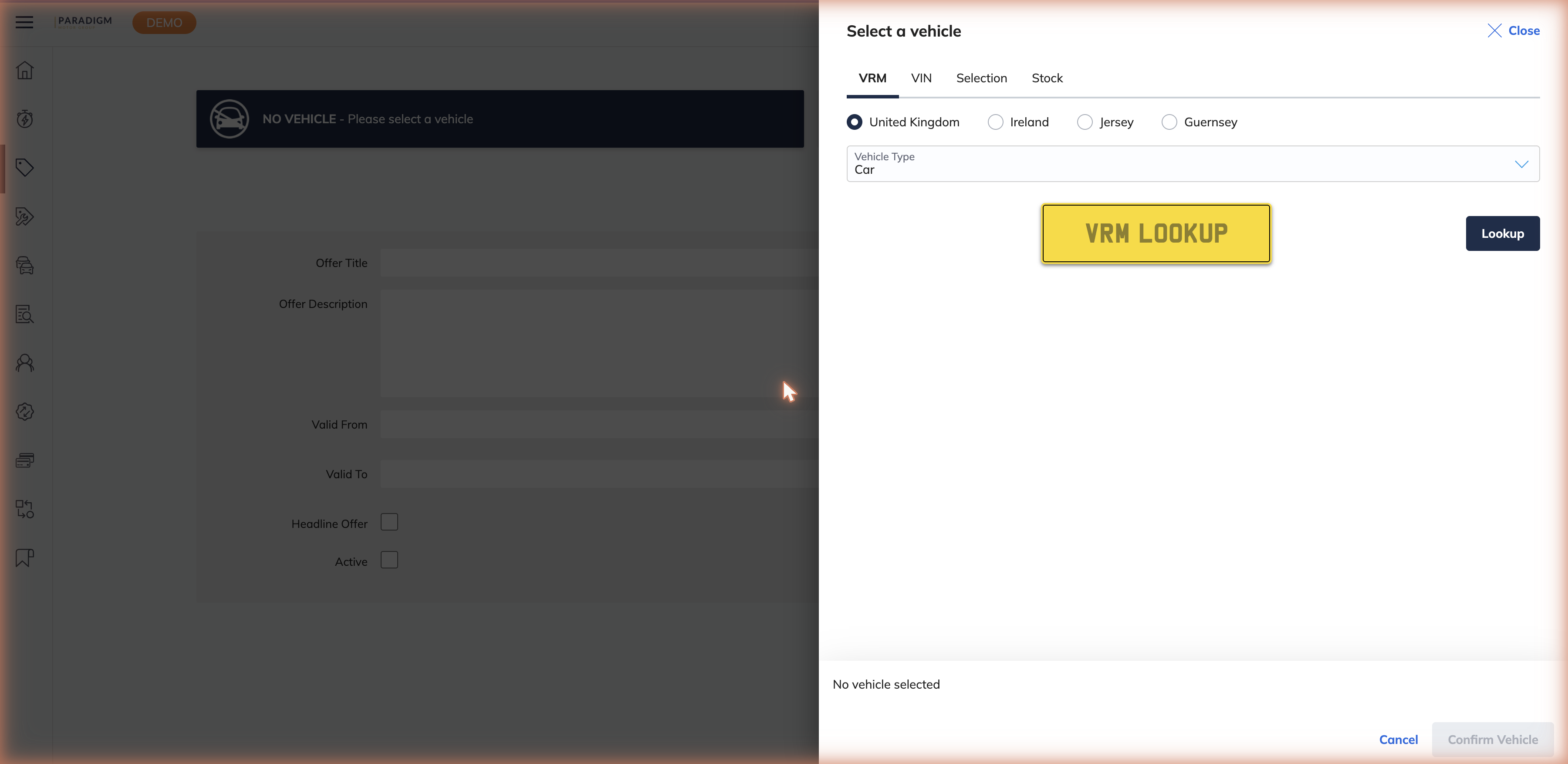 Create Offer vehicle selection panel showing the VRM, VIN, Selection, and Stock search tabs