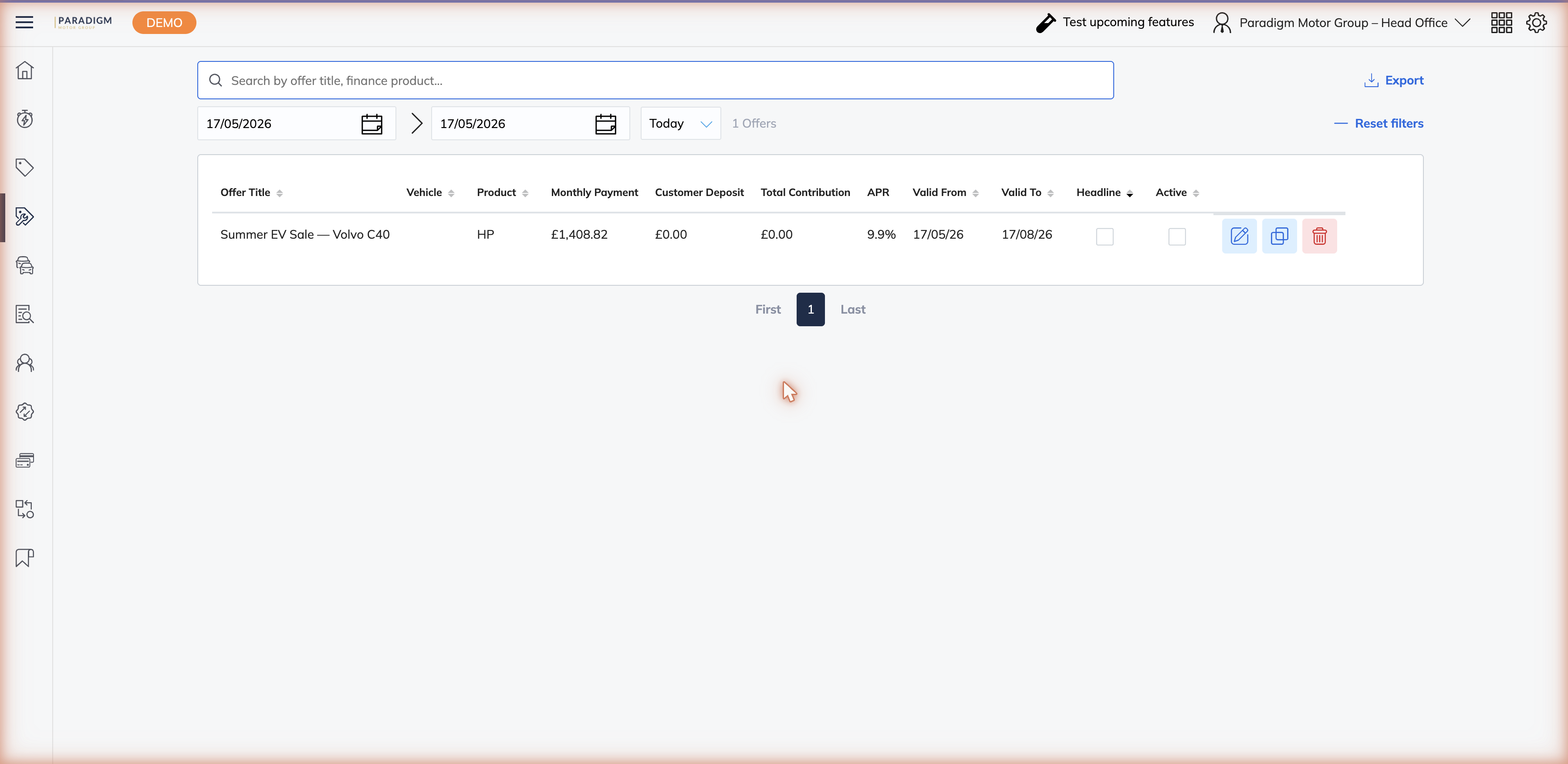 Offers Admin showing a saved offer row with edit and delete action buttons