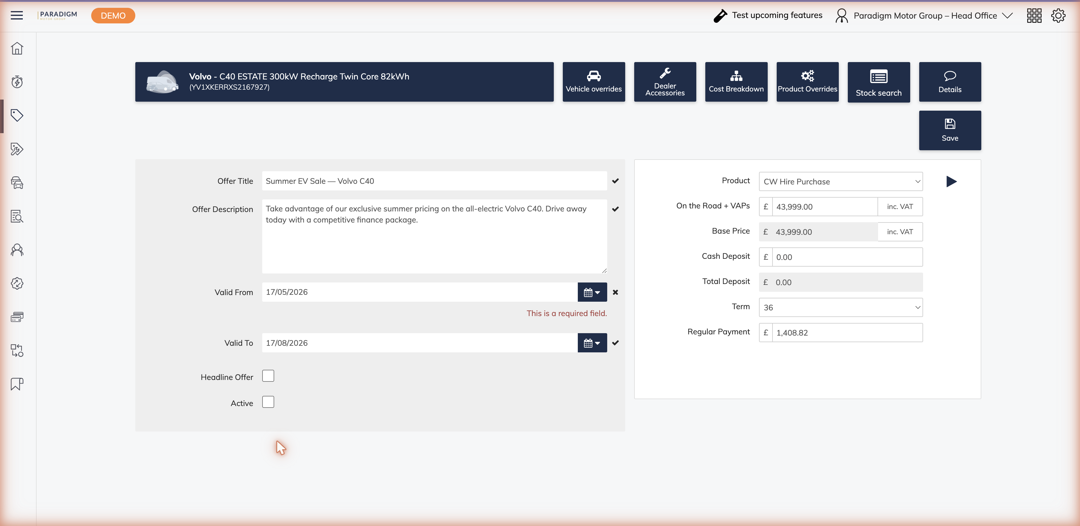 Create Offer form fully completed with vehicle, title, description, and valid date range