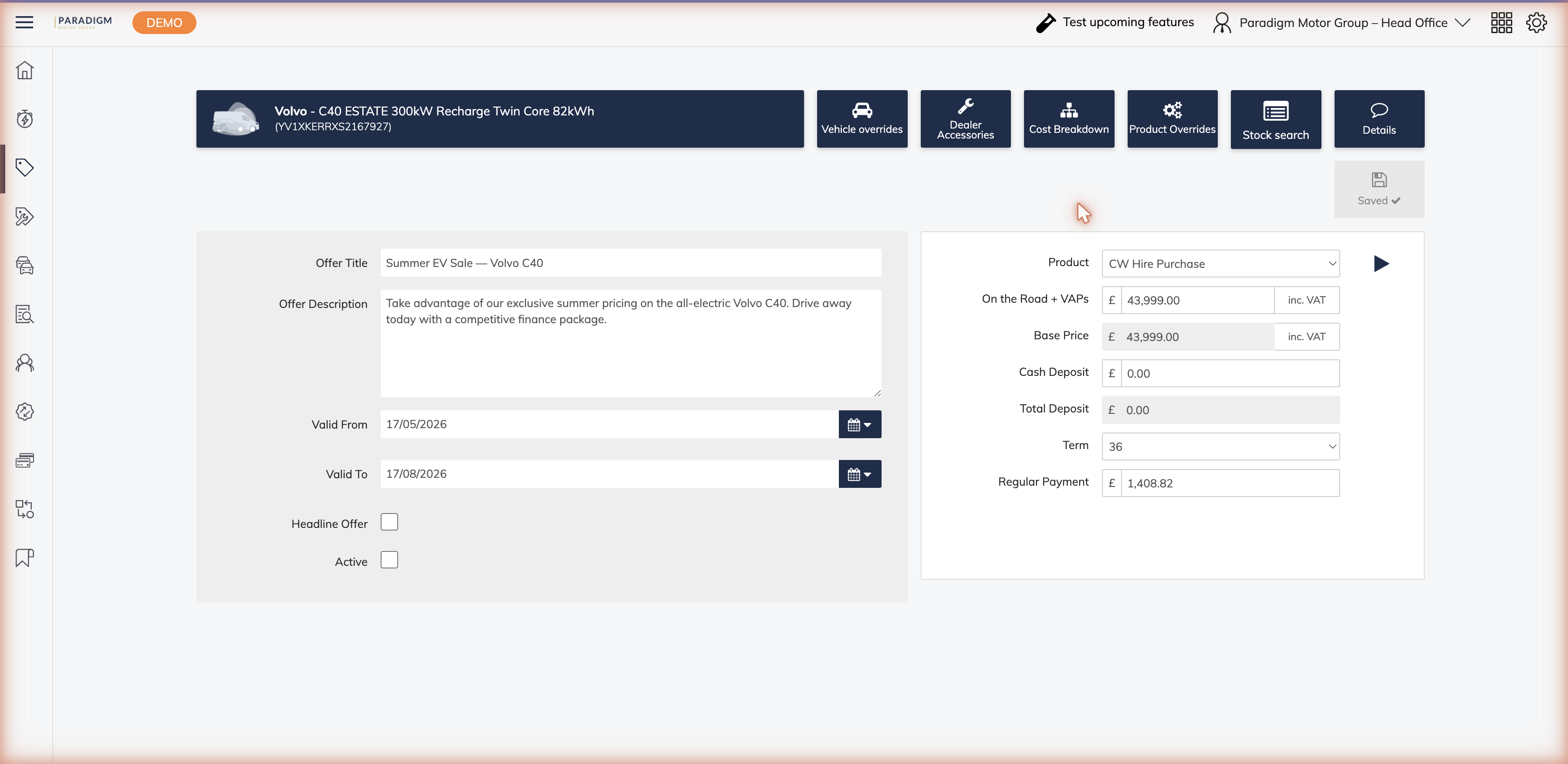 Edit Offer form with existing title, description, and date fields pre-filled