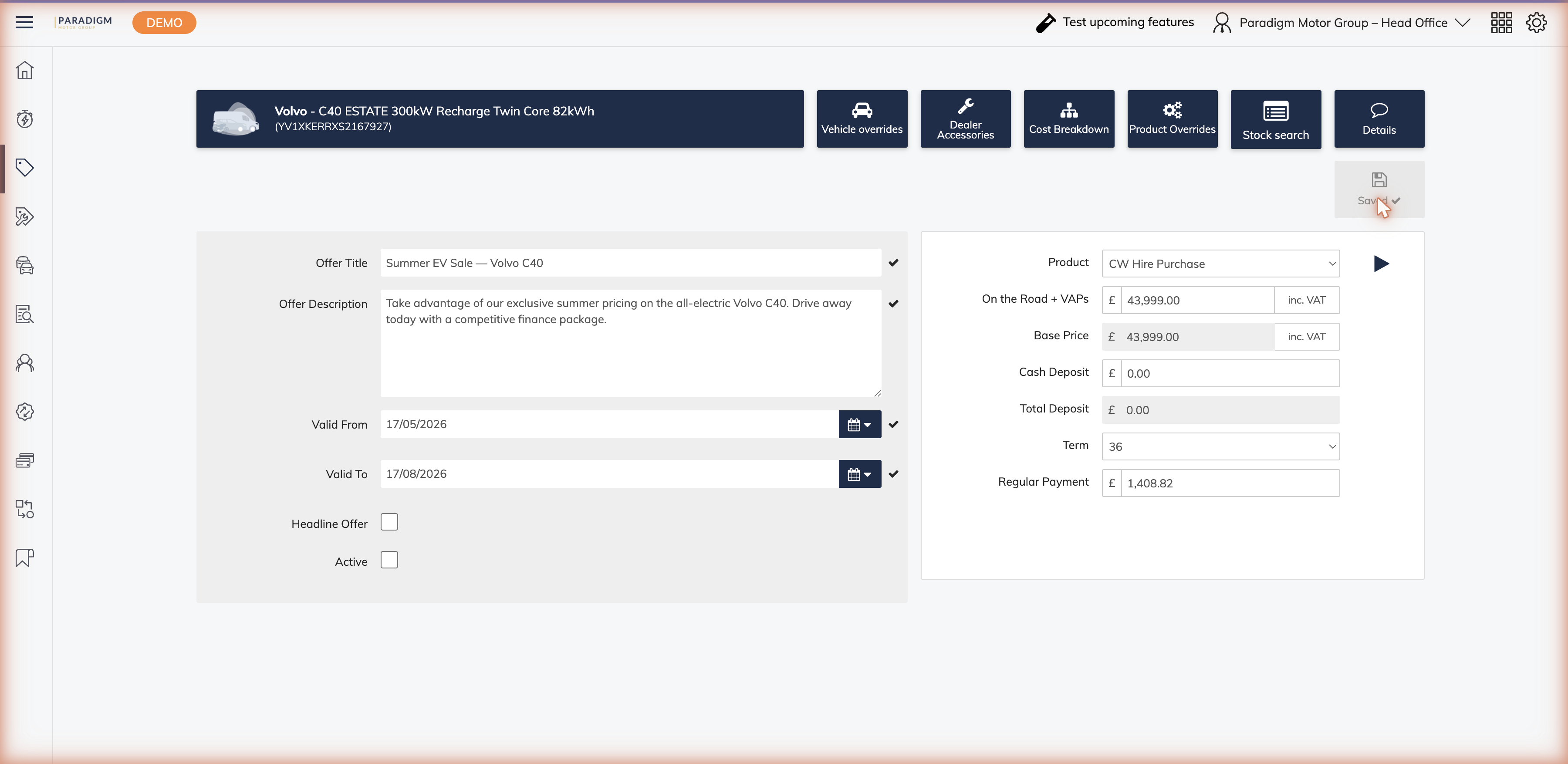 Create Offer form after saving, with green checkmarks on all fields confirming the offer is saved