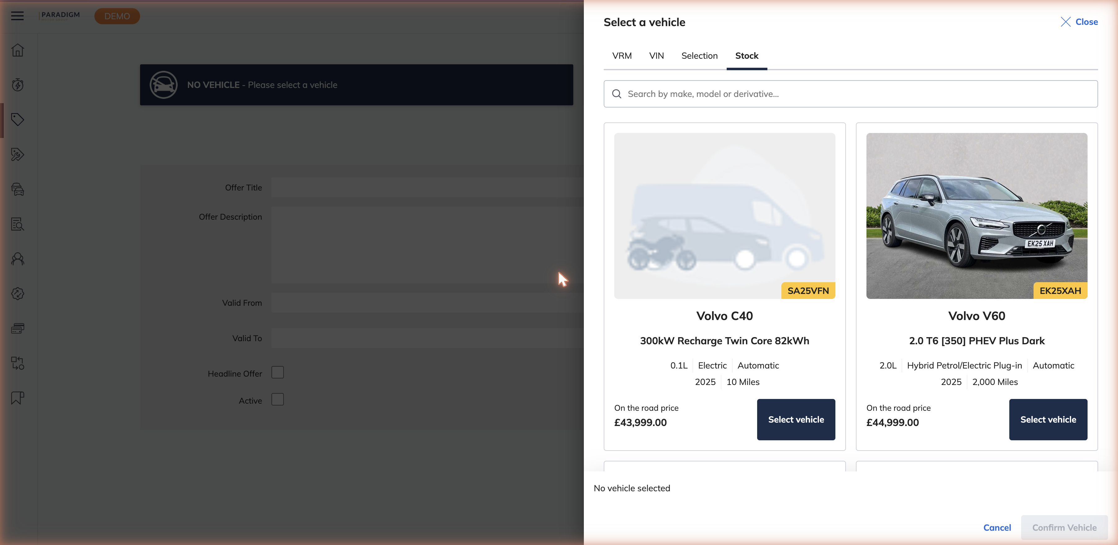 Stock tab in the vehicle selection panel showing matching vehicles with Select vehicle buttons