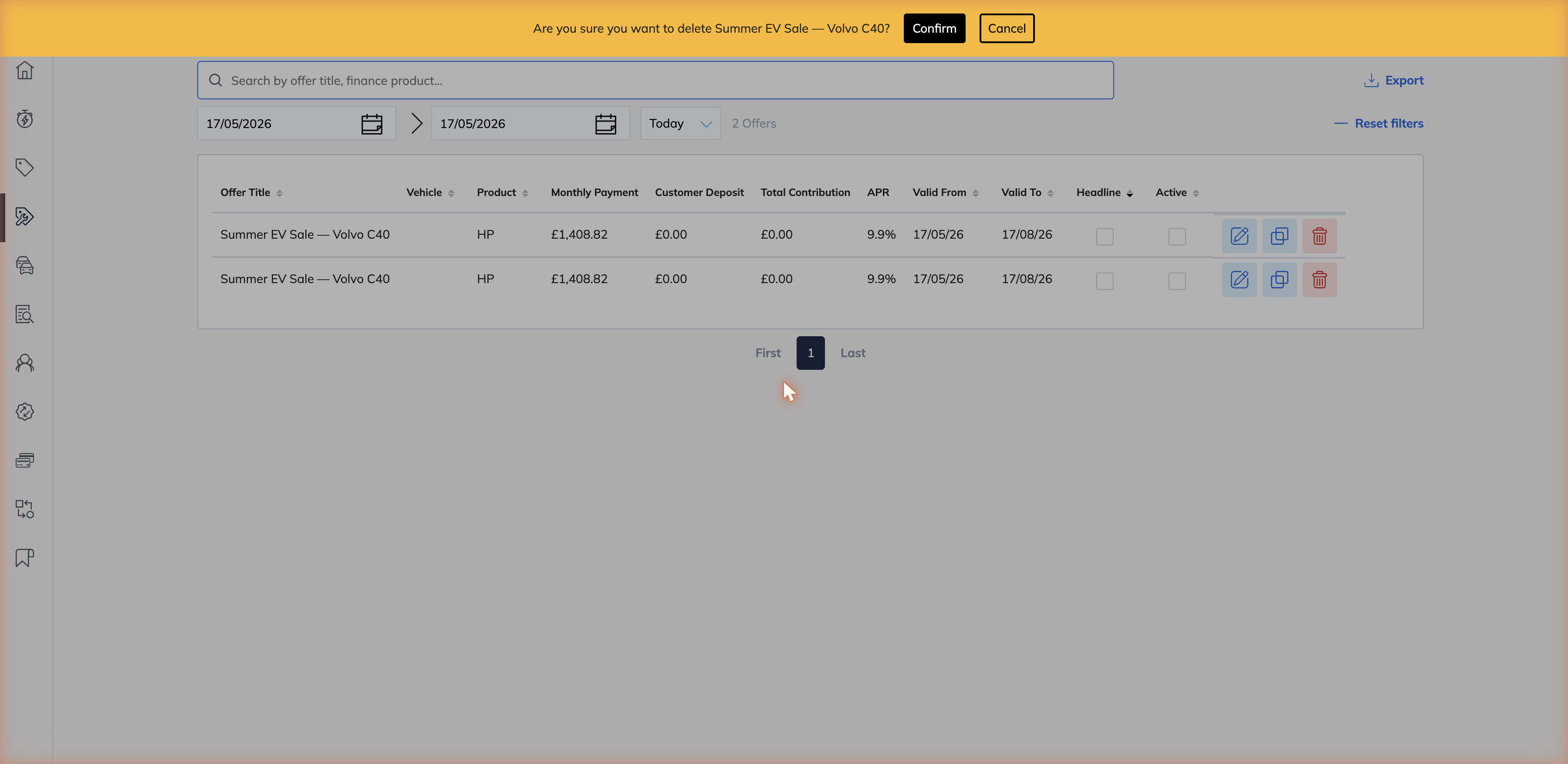 Delete offer confirmation banner displayed in Offers Admin