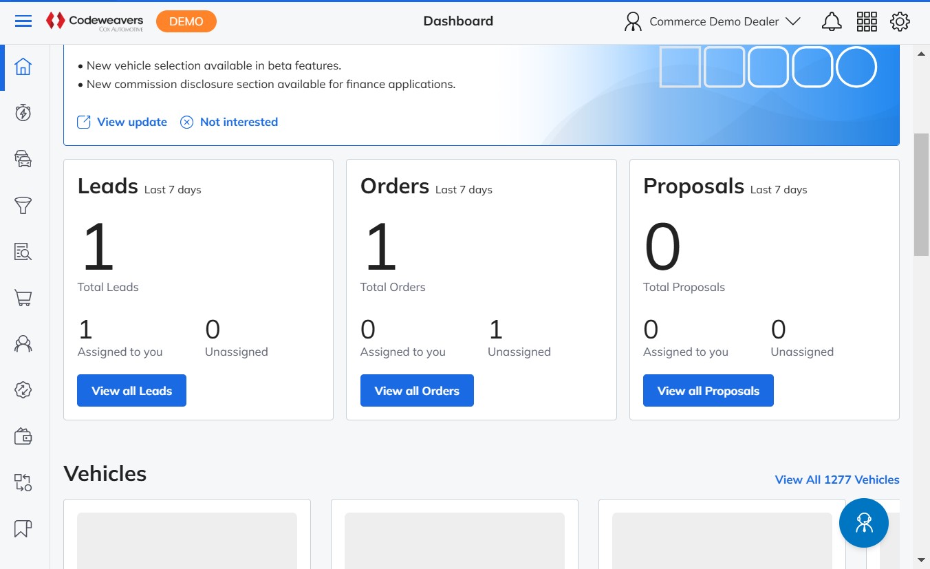 Leads, orders, and proposals summary cards on the dashboard