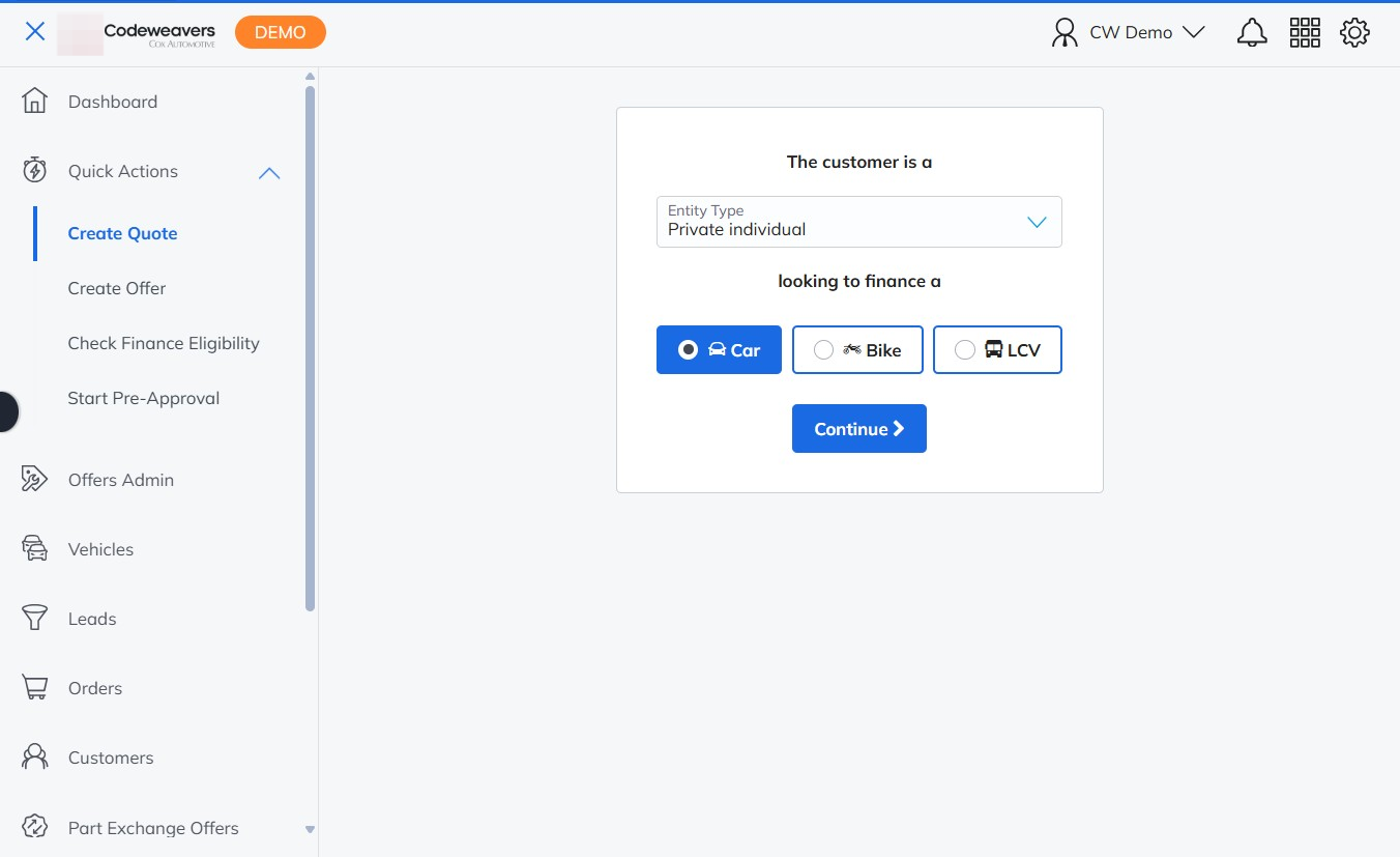 The Create Quote pop-up asking for customer type and vehicle type selection