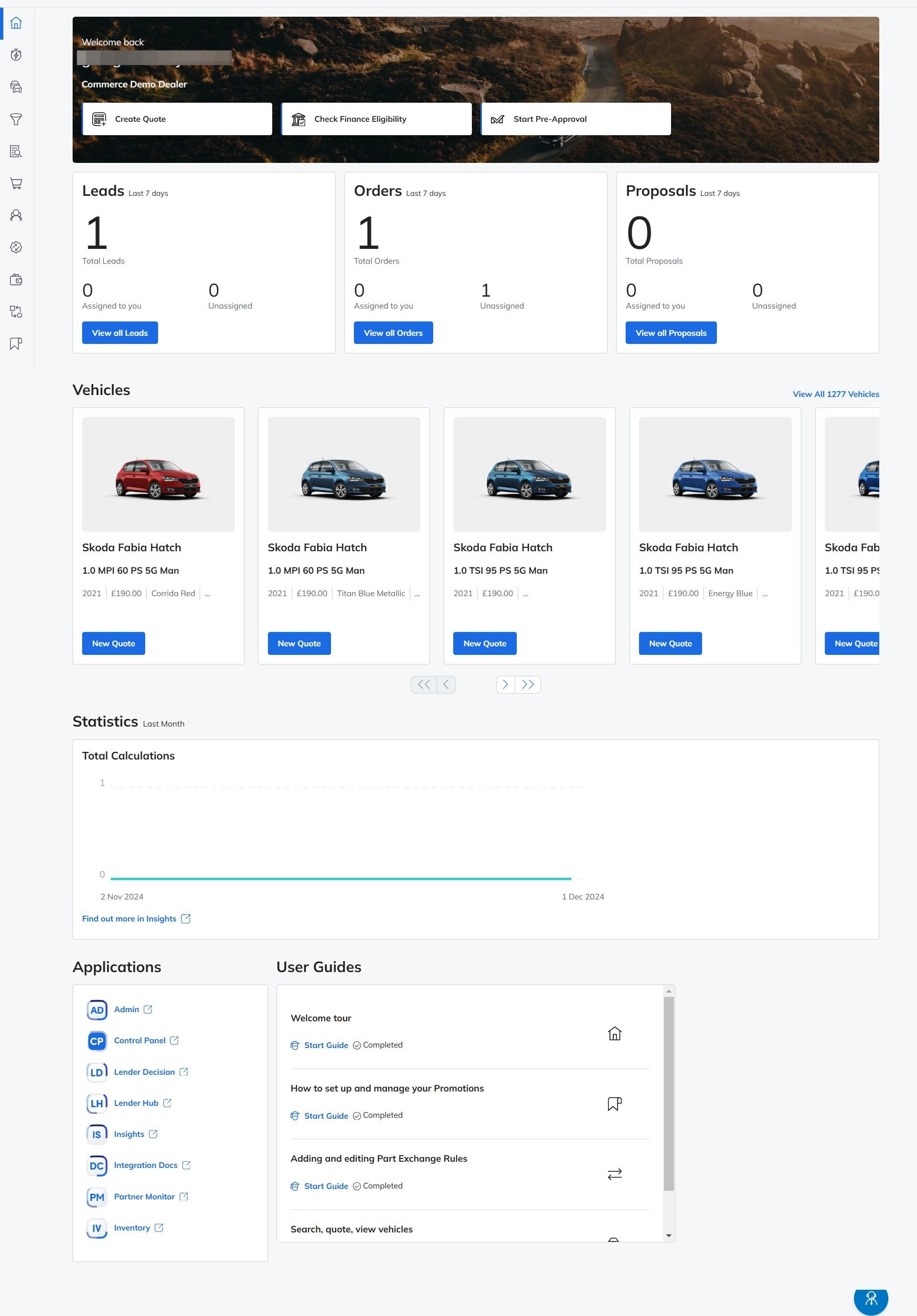 The Point of Sale dashboard showing the welcome banner, leads and proposals cards, and vehicle carousel