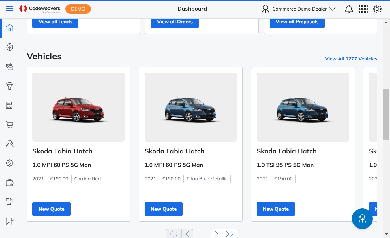 The vehicle carousel on the dashboard showing available stock