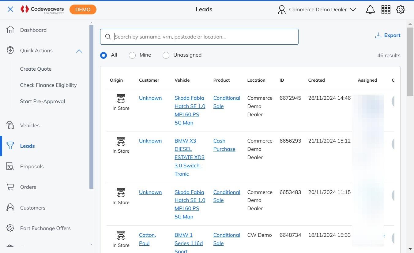 The Leads page showing a list of leads with the search bar at the top