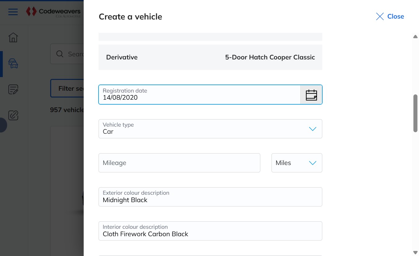 The vehicle details form showing mileage, website link, stock ID and OTR price fields