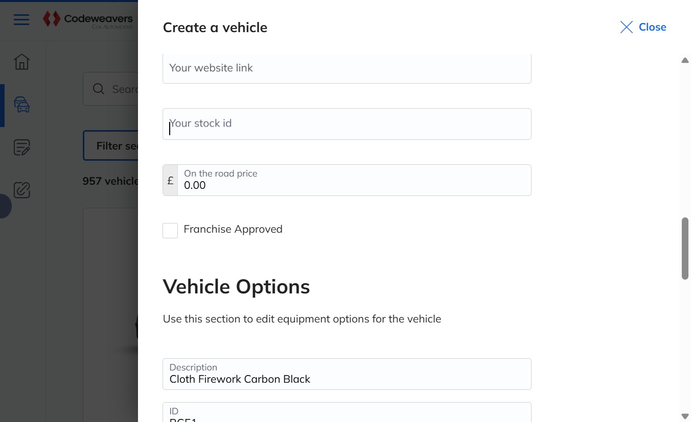 The completed vehicle form ready to be saved