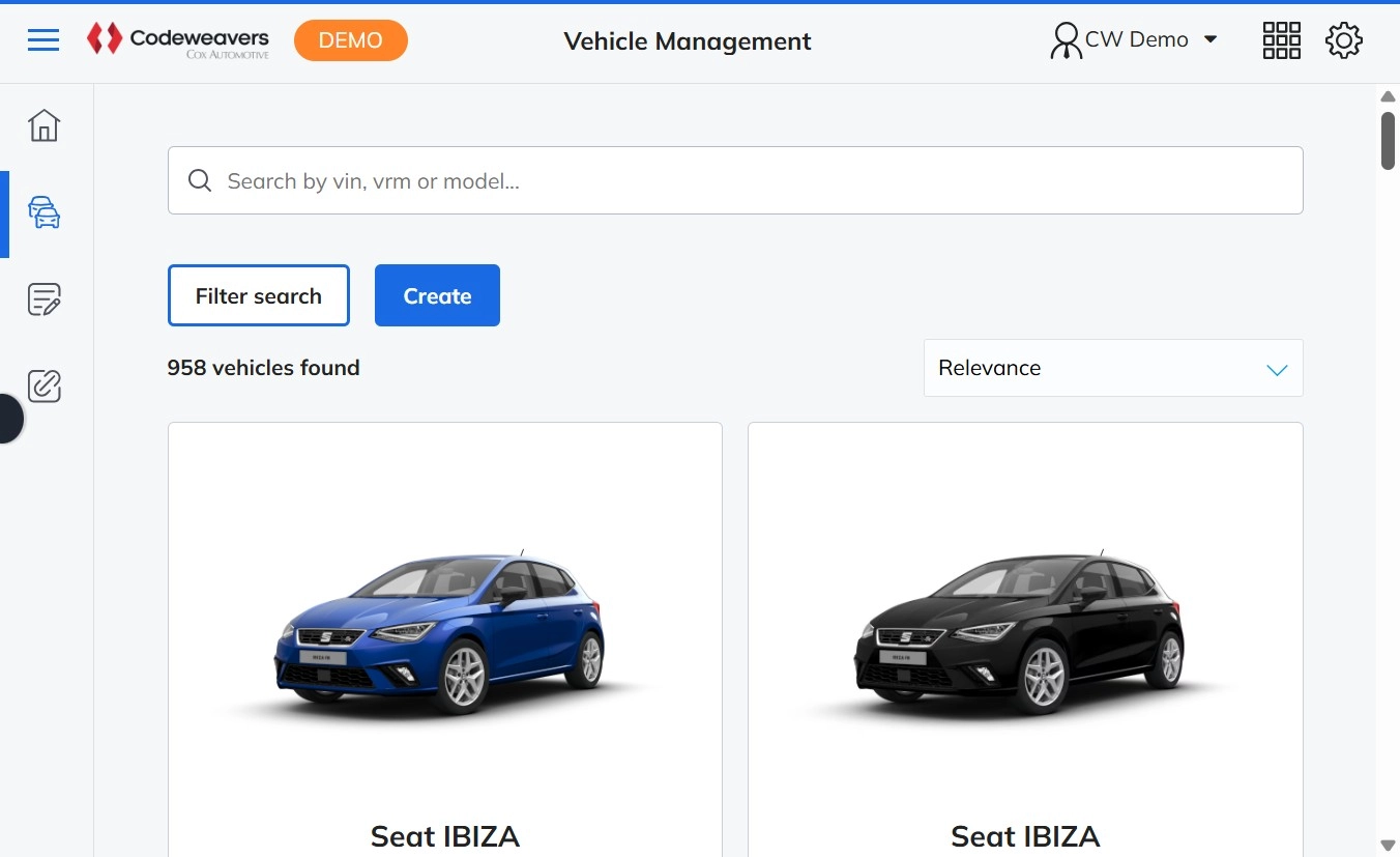 The Vehicle Management page with the Create button visible