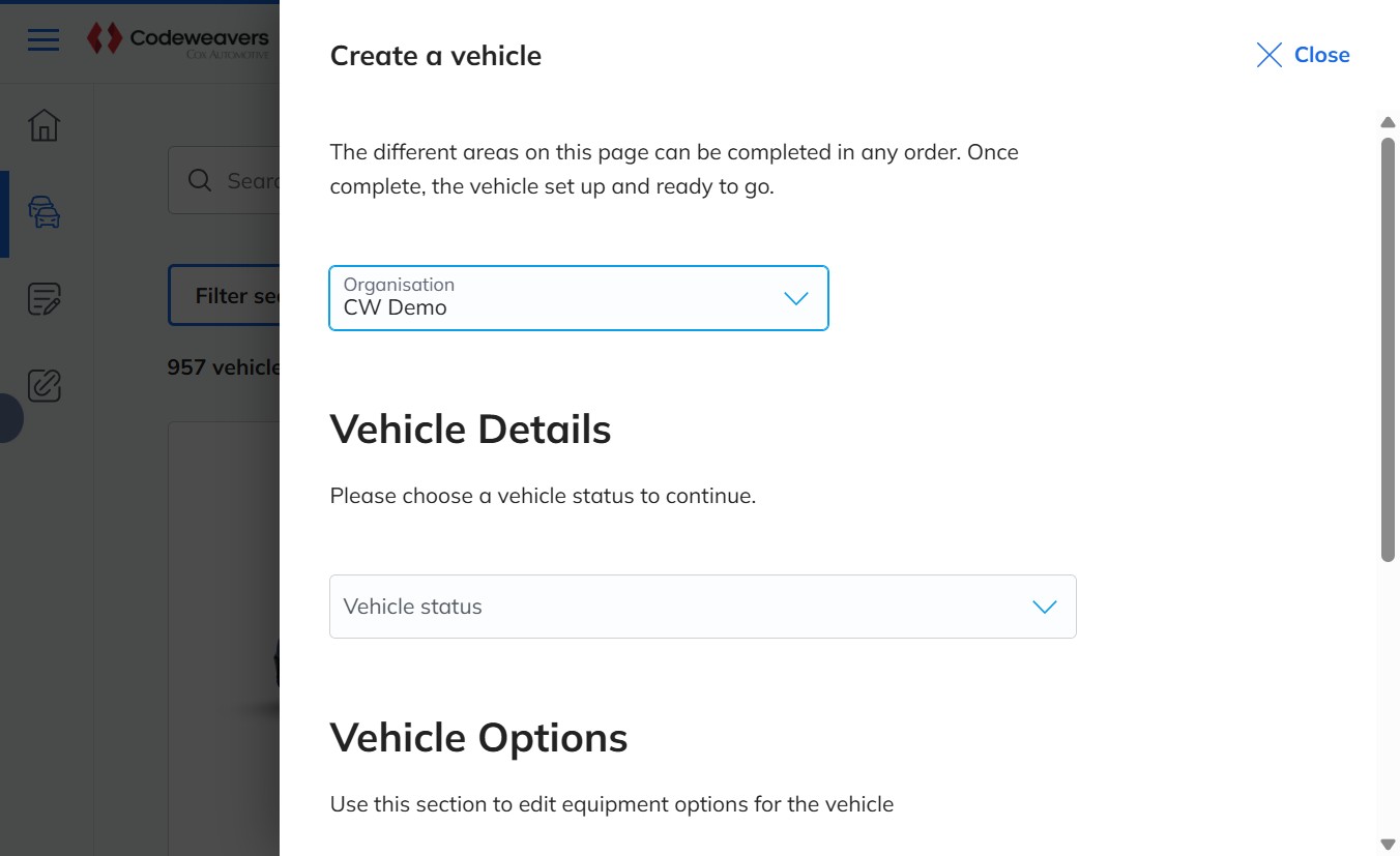 The Create a vehicle panel showing the Organisation dropdown and Vehicle status field