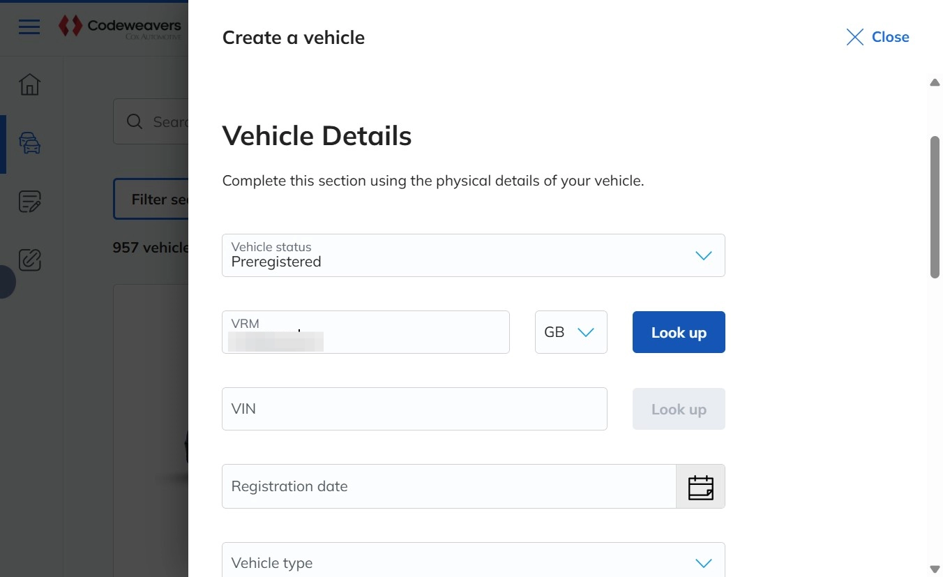 The VRM field with a registration entered and the Look up button active