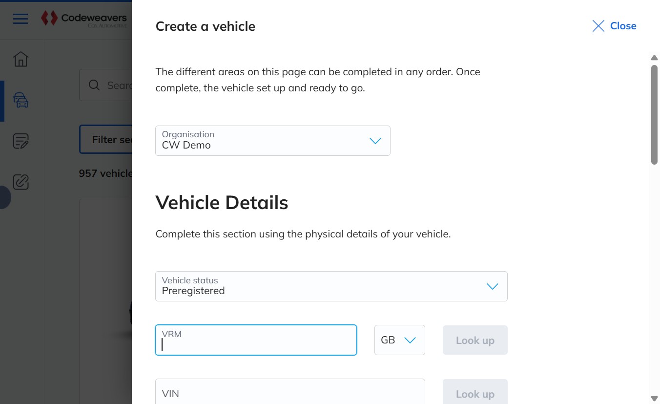 The Create a vehicle panel with the VRM field ready for input