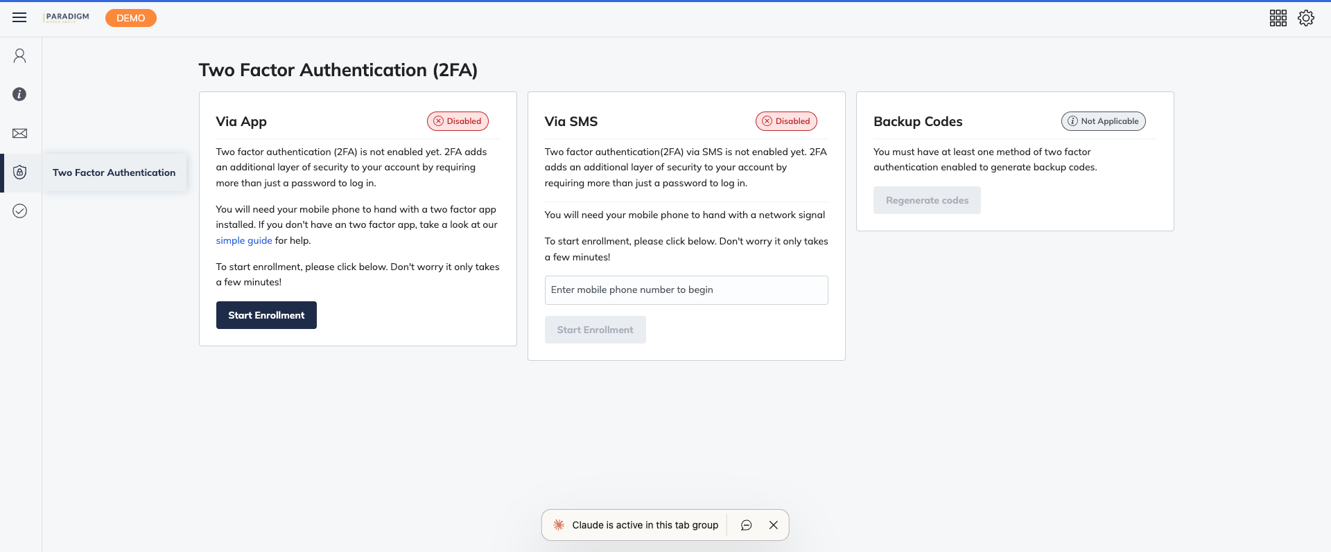 Two Factor Authentication page showing Via App, Via SMS and Backup Codes cards, all disabled
